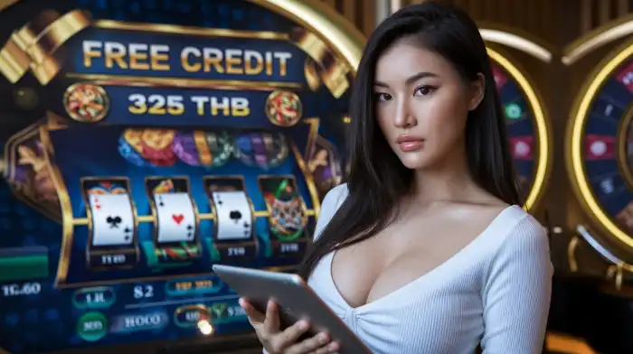 สาวเอเชียสวยกำลังดีใจกับโปรโมชั่นและโบนัสพิเศษที่ได้รับจาก 168galaxy เครดิตฟรี